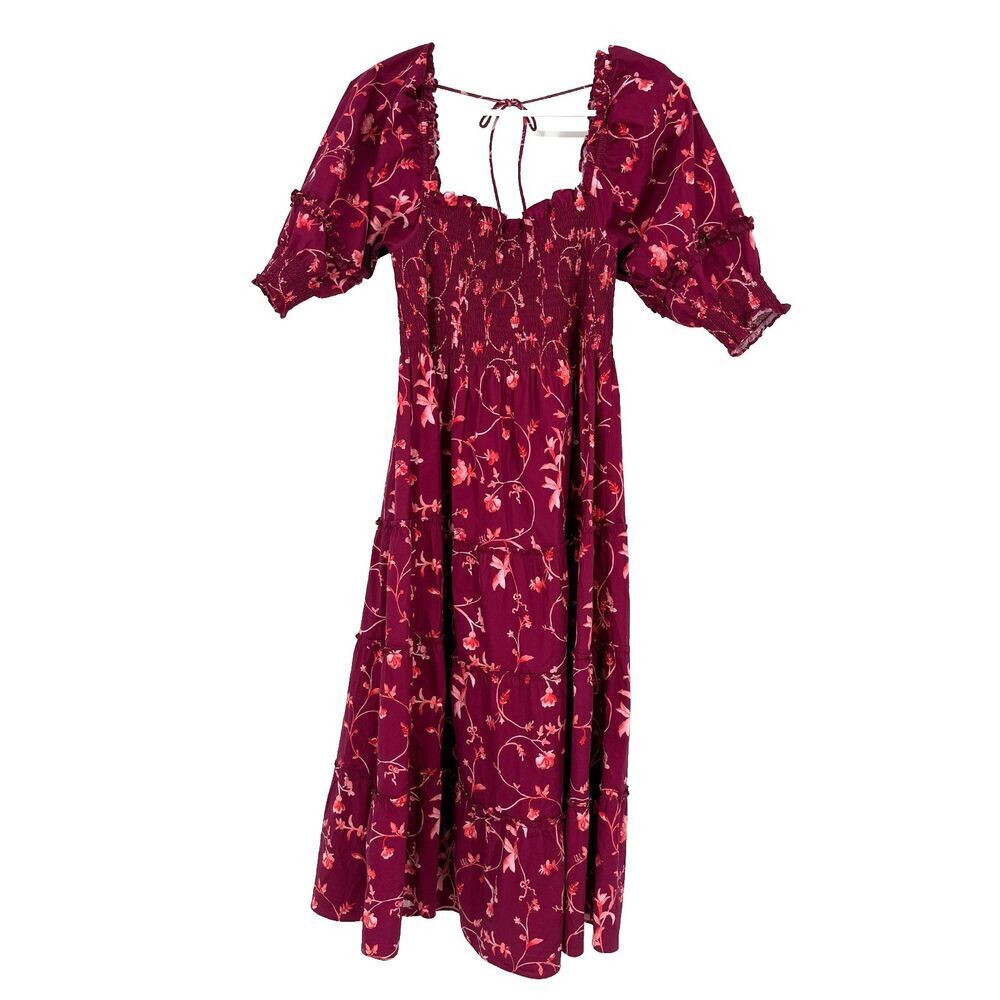Hill House Home Nesli Nap Midi Dress Smocked Tiered Floral Pink Puff Sleeve Sz M